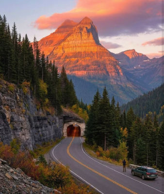 AI-generated mountain landscape with tunnel road at sunset