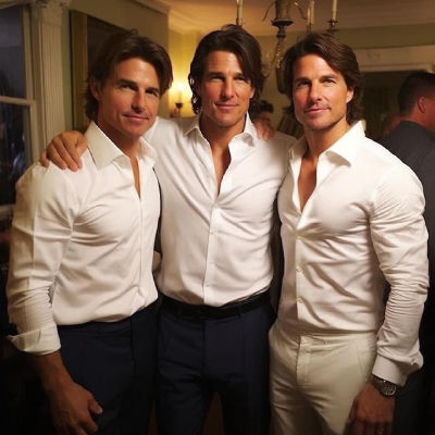 AI-generated image showing three Tom Cruises at a social event