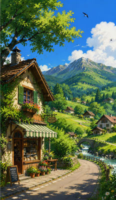AI-generated illustration of an alpine village bakery