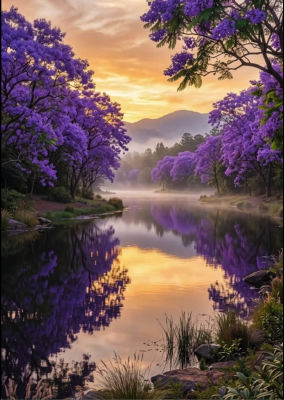 AI-generated jacaranda trees reflected on a lake at sunset