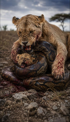 AI-generated image of a lioness and python in combat on the savanna