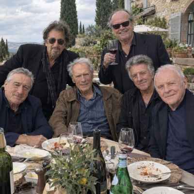 AI-generated image of Clint Eastwood, Robert De Niro, Al Pacino, Dustin Hoffman, Jack Nicholson, and Anthony Hopkins dining outdoors