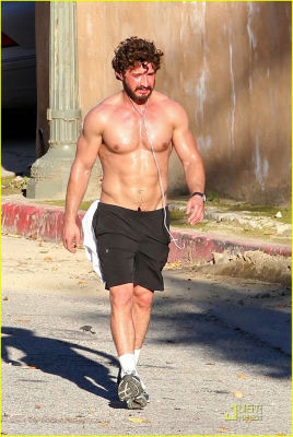 AI-generated image of Shia LaBeouf walking shirtless outdoors