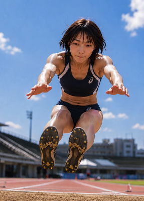 AI-generated image of a woman performing a long jump