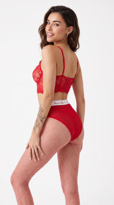 AI-generated image of Madison Beer in red lace lingerie and fishnet stockings