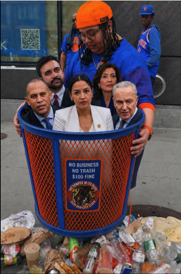 AI-generated image of Hakeem Jeffries, Alexandria Ocasio-Cortez, Chuck Schumer, and Kathy Hochul in a New York City trash can