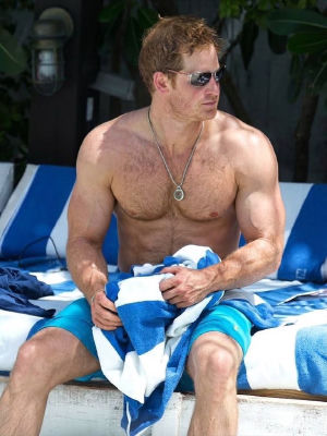 AI-generated image resembling Prince Harry seated shirtless at a pool