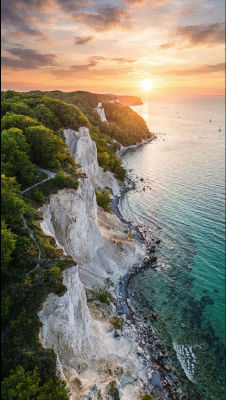 AI-generated image of Møns Klint chalk cliffs at sunset