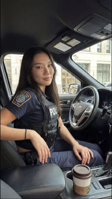 AI-generated image of an unidentified woman in a Boston Police uniform inside a patrol vehicle