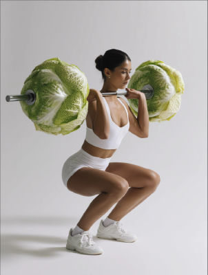 AI-generated image of a woman squatting with a barbell weighted by cabbages