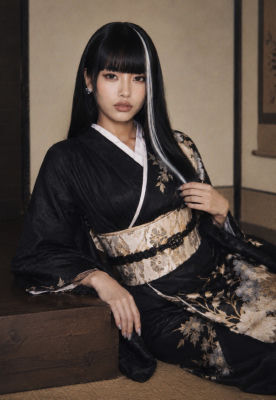 AI-generated portrait of a woman in a black floral kimono